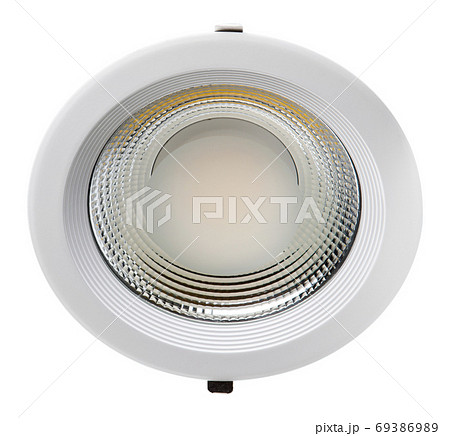 white round led lamp with yellow reflector, on a white background, there are fasteners, isolate white round led lamp with yellow reflector, on a white background, there are fasteners, isolate 69386989