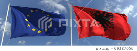 Flags of the European Union and Albania on flagpoles. 3d rendering 69387056