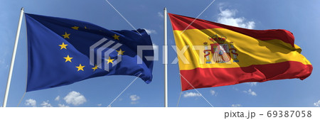 Flying flags of the European Union and Spain on high flagpoles. 3d rendering Flying flags of the European Union and Spain on high flagpoles. 3d rendering 69387058
