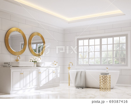 Classical style bathroom with white and gold 3d render 69387416