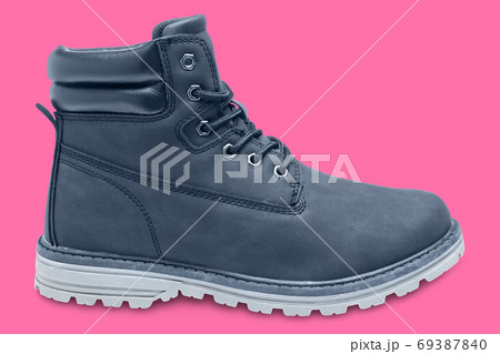 blue nubuck leather high boot, on pink background, concept, everyday sports shoes 69387840