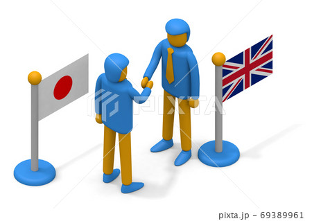 イギリスと日本の貿易関係 イギリスと日本の国旗 ビジネスマンの握手 友好関係を結ぶ のイラスト素材