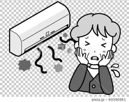An old woman who is having trouble with an air conditioner that blows out dust An old woman who is having trouble with an air conditioner that blows out dust 69390961