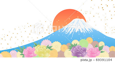 正月素材 富士山と色とりどりの花のイラスト素材