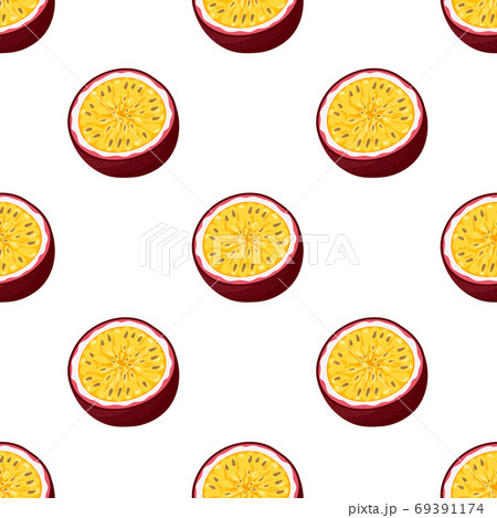 Seamless pattern with fresh bright exotic cut slice passion fruit on white background. Summer fruits for healthy lifestyle. Organic fruit. Cartoon style. Vector illustration for any design. Seamless pattern with fresh bright exotic cut slice passion fruit on white background. Summer fruits for healthy lifestyle. Organic fruit. Cartoon style. Vector illustration for any design. 69391174