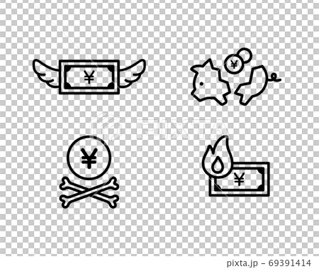 Set of consumption, waste, and debt icons / illustration / poverty / wings / wings / piggy bank / burning / flame / economy Set of consumption, waste, and debt icons / illustration / poverty / wings / wings / piggy bank / burning / flame / economy 69391414
