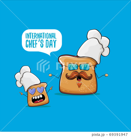 International chef day greeting card or banner with vector funny cartoon chef bread with cheaf hat isolated on blue background. 69391947