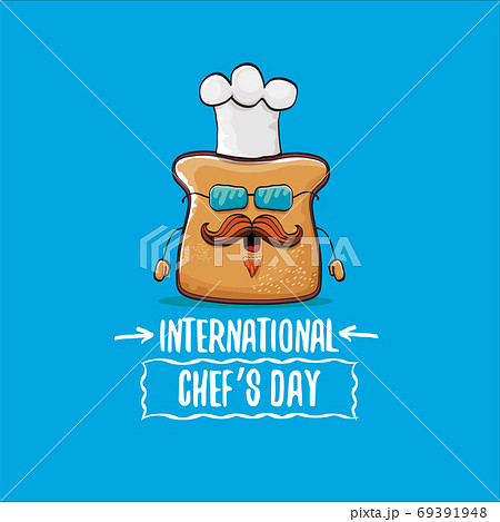 International chef day greeting card or banner with vector funny cartoon chef bread with cheaf hat isolated on blue background. 69391948