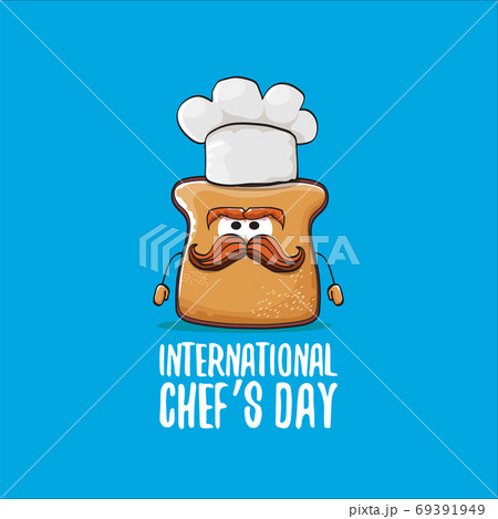 International chef day greeting card or banner with vector funny cartoon chef bread with cheaf hat isolated on blue background. 69391949