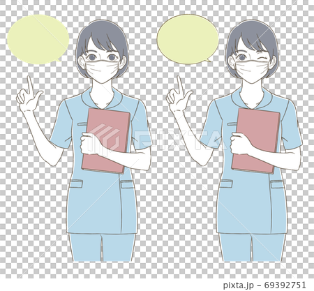 Hand-painted style illustration facial expression set of a woman wearing a uniform and wearing a mask 69392751
