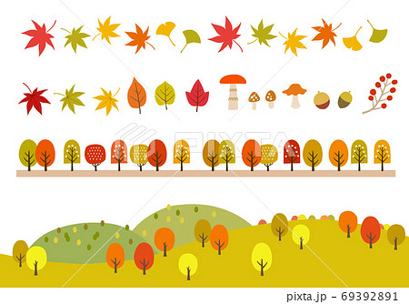 秋の紅葉アイコンと山の風景 のイラスト素材