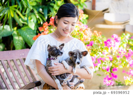 2匹の子犬を抱く女性 2匹の子犬を抱く女性 69396952