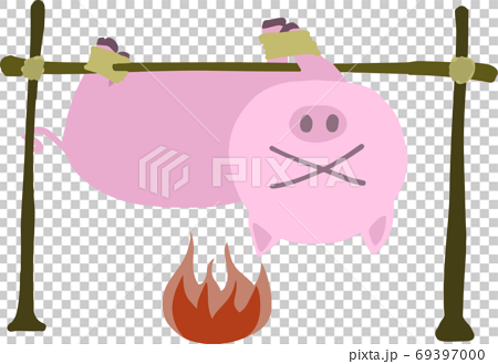 火に焼かれる可愛い豚の丸焼きのイラストのイラスト素材