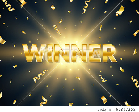Winner golden text with explosion star and falling confetti. Bright congratulations banner. You are win. Winners team. Successful champions. The first place. Vector illustration Winner golden text with explosion star and falling confetti. Bright congratulations banner. You are win. Winners team. Successful champions. The first place. Vector illustration 69397255