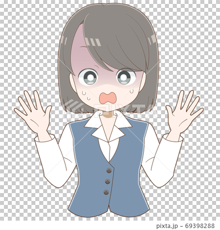 Female employee with open arms and pale (black hair Bob) Female employee with open arms and pale (black hair Bob) 69398288