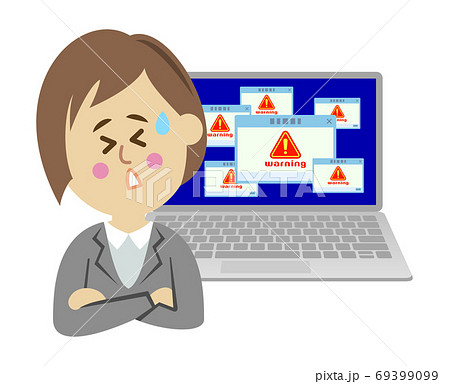 パソコンがウイルスに感染して困る女性会社員のイラストイメージ パソコンがウイルスに感染して困る女性会社員のイラストイメージ 69399099