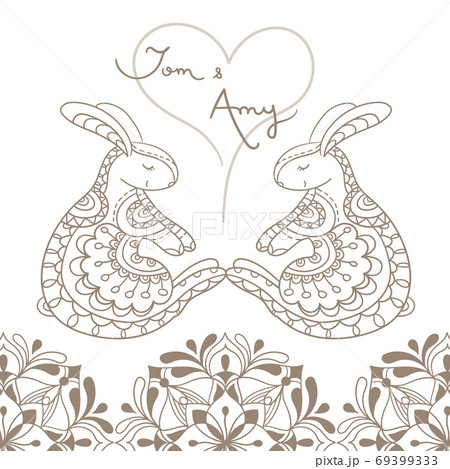 Two rabbits face to face with flower mandala. Hand drawn background. Vector illustration.Wedding card. 69399333