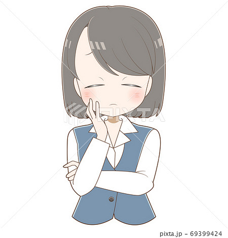 頬に手を当てて困る女性社員 黒髪ボブ のイラスト素材 頬に手を当てて困る女性社員 黒髪ボブ のイラスト素材