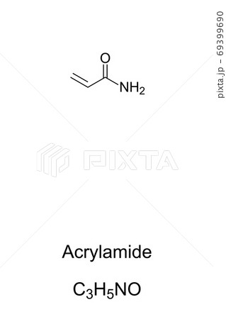 Acrylamide, acrylic amide, chemical structure. Highly toxic, and carcinogenic. Can be found in cigarette smoke in potato chips, French fries, coffee, peanuts and in some breads. Illustration. Vector. Acrylamide, acrylic amide, chemical structure. Highly toxic, and carcinogenic. Can be found in cigarette smoke in potato chips, French fries, coffee, peanuts and in some breads. Illustration. Vector. 69399690