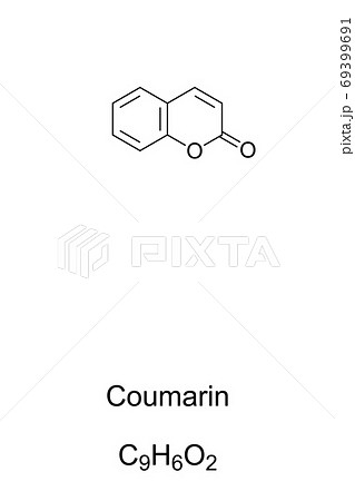 Coumarin chemical structure. Compound with sweet odor resembling the scent of vanilla. Artificial vanilla substitute, flavorant in soaps, rubber products, and in tobacco industry. Illustration. Vector 69399691