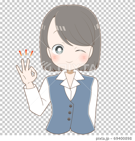 ウインクをしてokマークを出す女性社員 黒髪ボブ のイラスト素材