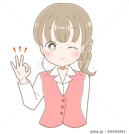 ウインクをしてOKマークを出す女性社員(茶髪ロング) ウインクをしてOKマークを出す女性社員(茶髪ロング) 69400991