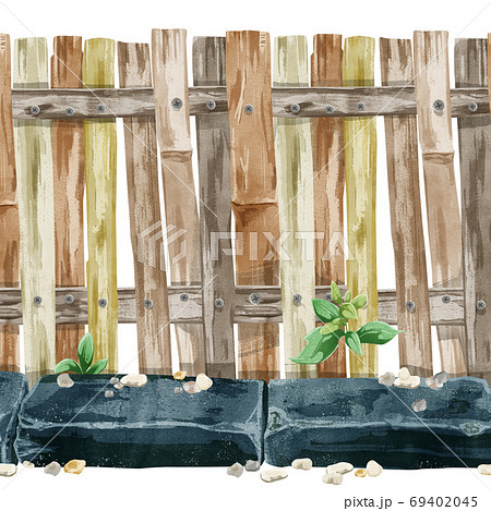 木の柵と縁石の背景イラストのイラスト素材