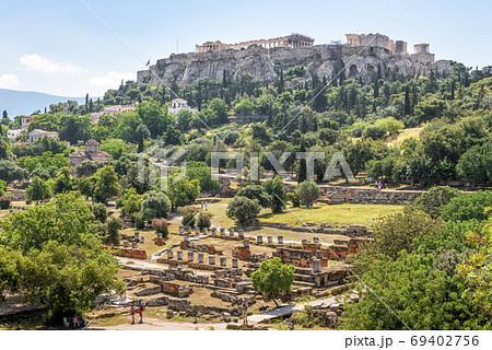 Ancient Agora in Athens, Greece. Scenic view of Greek ruins and Ancient Agora in Athens, Greece. Scenic view of Greek ruins and 69402756