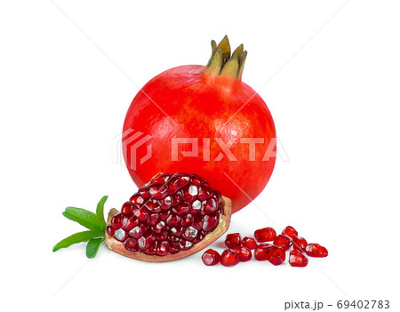 pomegranate fruits with leaf and seeds isolated on white backgro 69402783