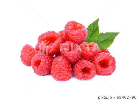 pile of fresh raspberry with leaf isolated on white background 69402796