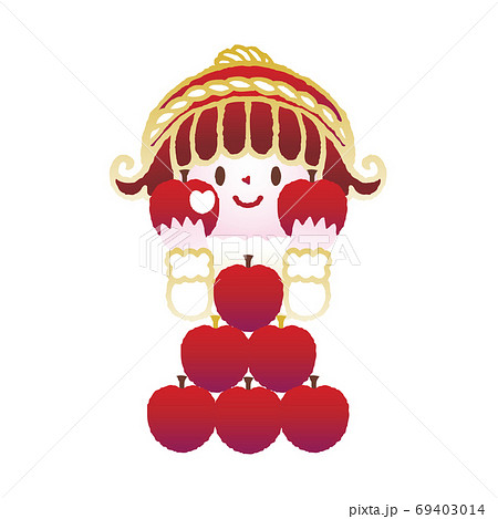 赤いりんごを両手に微笑む女の子と山盛りのりんご 手描き風ベクターイラストのイラスト素材