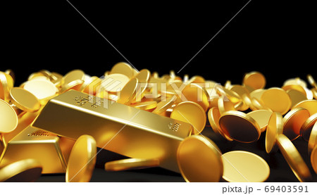 Gold bars and coins falling on black background 3D Render 69403591