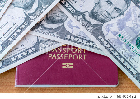 Biometric passport and five dollars banknotes. 69405432