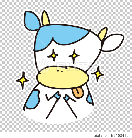 牛のゆるい手描きイラスト 上半身 白フチのイラスト素材
