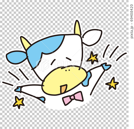 牛のゆるい手描きイラスト 上半身 白フチのイラスト素材