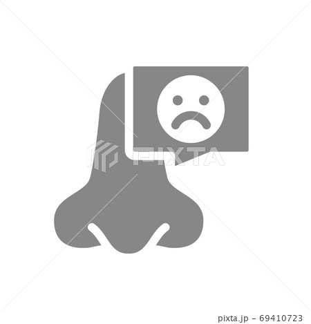 Nose with sad face in chat bubble grey icon. Diseased of nose symbol 69410723