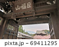 歴史ある建長寺入り口の総門から臨む、色鮮やかな桜の花に囲まれた山門の眺め 69411295