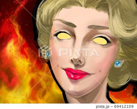 レトロポスターの怖い金髪美女炎の背景のイラスト素材