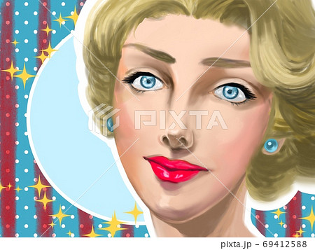 レトロポスターの60年代金髪美女と赤いチェック柄の背景のイラスト素材