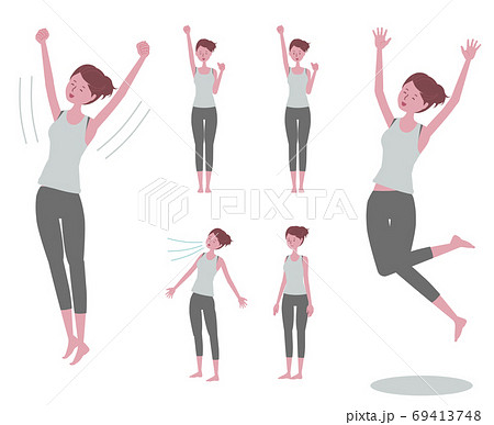 背伸び ジャンプ 深呼吸 ガッツポーズをする ヨガウェアを着た女性のイラストセットのイラスト素材