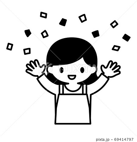 喜ぶ主婦のシンプルなモノクロイラストのイラスト素材