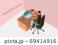 Man works at Computer table above view, distance learning and working, isometric style vector 69414916