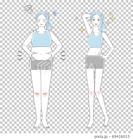 婦女在節食之前和之後畫線 69416015