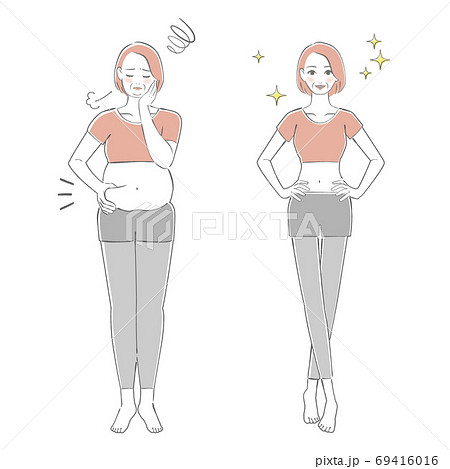 ダイエットをした中年の女性　ビフォーアフター　線画 69416016