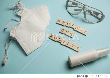 Social distancing. Protection items to reduce Covid 19 virus infection. Using as background Healthcare concept and keep distance. Social distancing. Protection items to reduce Covid 19 virus infection. Using as background Healthcare concept and keep distance. 69416689