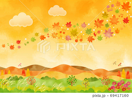 水彩　風で舞うモミジ 69417160