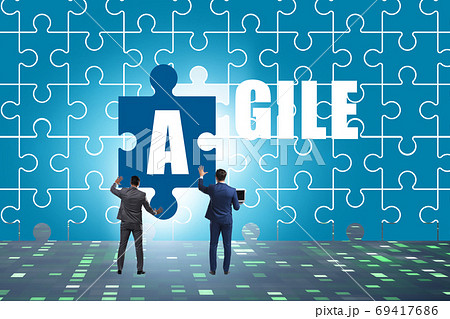 Agile concept with businessman putting jigsaw puzzle together 69417686