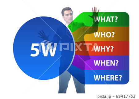 Five whys concept with businessman pressing virtual button 69417752