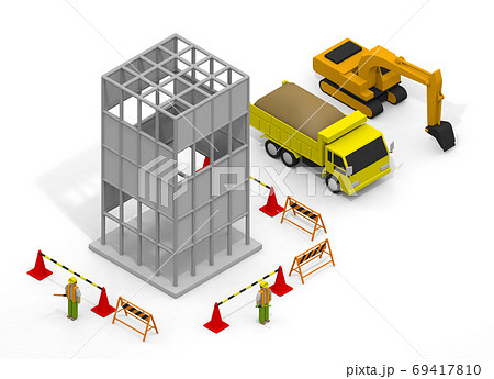 ビルの建設作業 工事現場で働く トラックと重機 アイソメトリック のイラスト素材