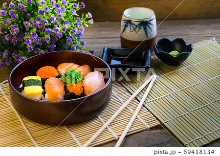 Sushi set served on wood table 69418134